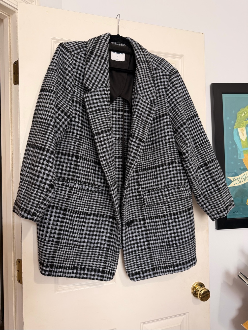 Old Navy Black & Light Blue Plaid Women's Poly/Wool Blend Pea Coat XXL